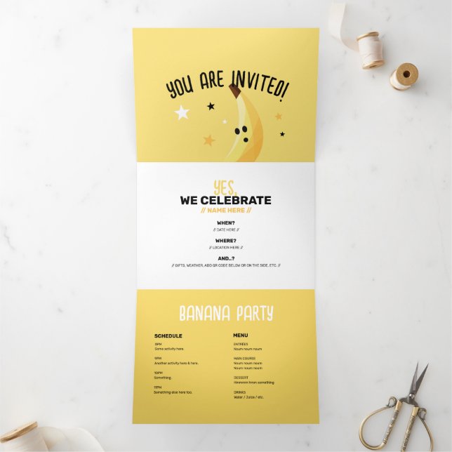 Funny Banana Pun Party pattern colourful - editabl Tri-Fold Invitation (Inside)