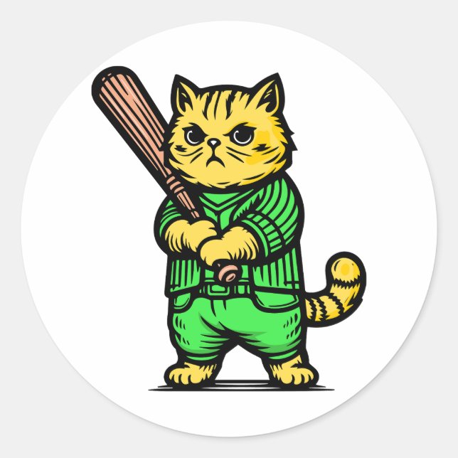 Funny Baseball Cat Classic Round Sticker (Front)