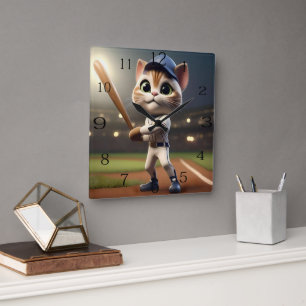 Funny Baseball Cat, Square Wall Clock