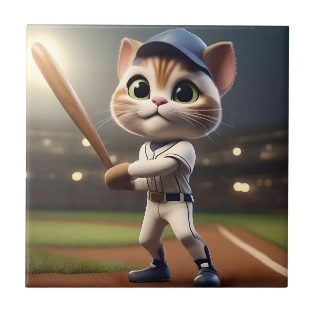 Funny Baseball Cat, Tile (Front)