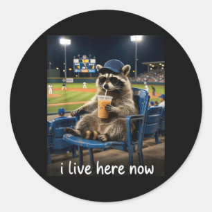 Funny Baseball Fan Racoon Drinking Iced Coffee Classic Round Sticker