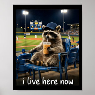 Funny Baseball Fan Racoon Drinking Iced Coffee Poster
