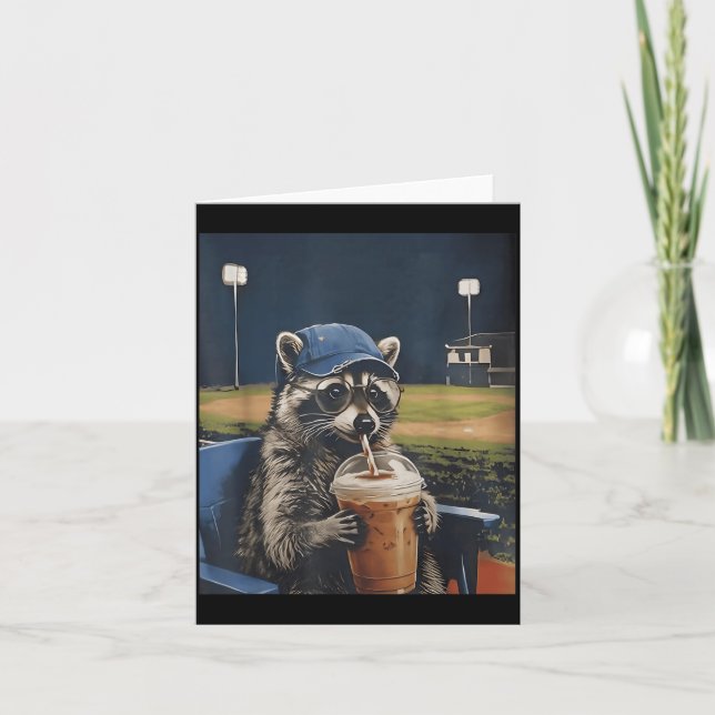 Funny Baseball Racoon Drinking Ice Coffee Live Card (Front)
