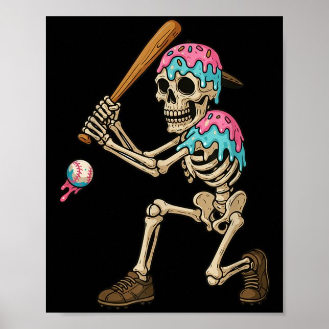 Funny Baseball Skeleton Ice Cream Drip Baseball Bo Poster (Front)