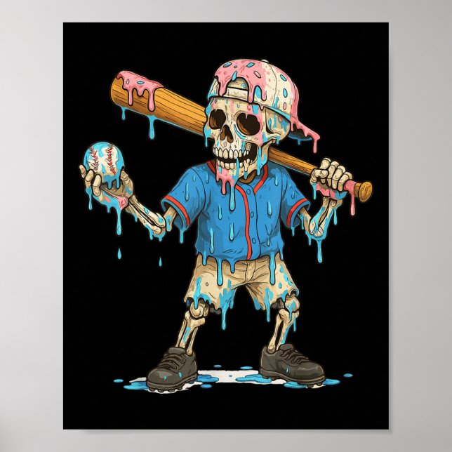 Funny Baseball Skeleton Ice Cream Drip Baseball Bo Poster (Front)