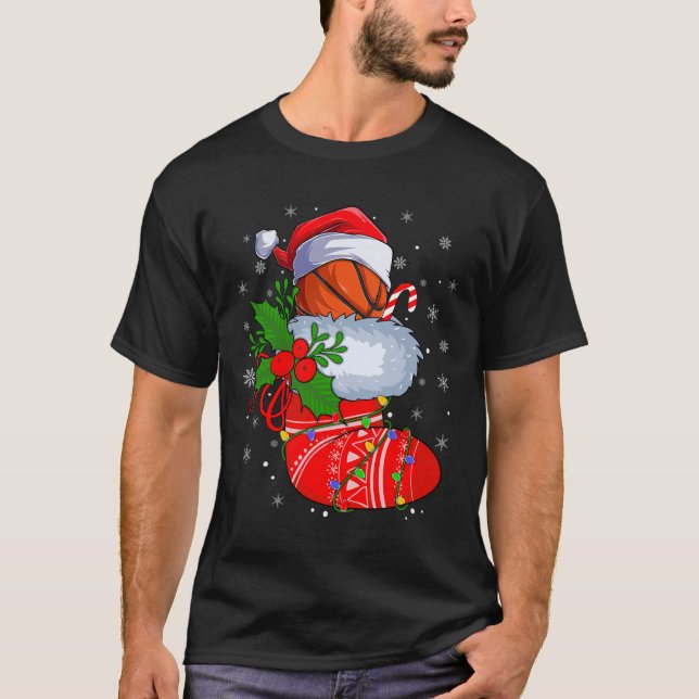 Funny Basketball In Christmas Socks Santa Basketba T-Shirt (Front)