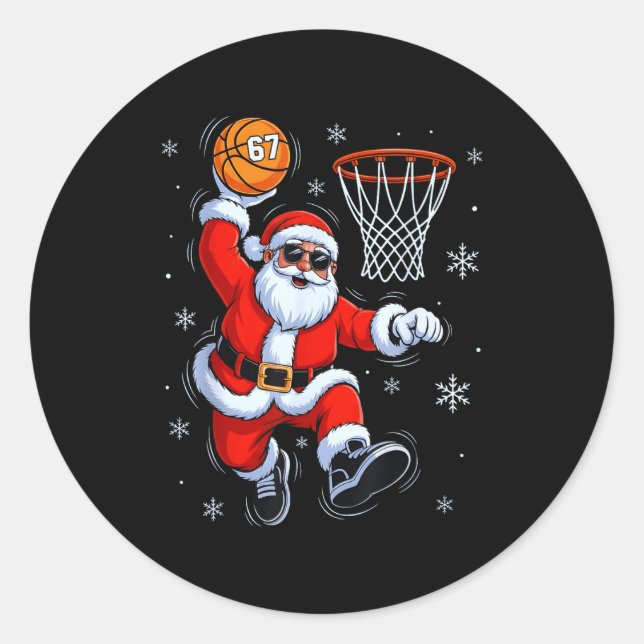 Funny Basketball Santa 67 Christmas Xmas Holiday K Classic Round Sticker (Front)