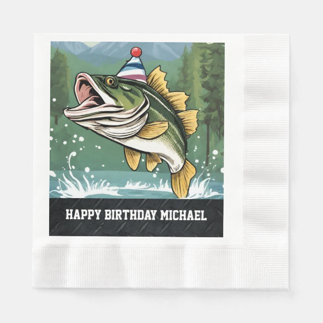 Funny Bass Fishing Birthday Party Men's Name Napkin (Front)