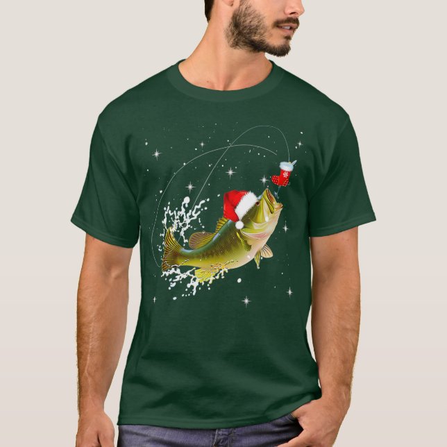 Funny Bass Fishing Santa Hat Christmas Pajama T-Shirt (Front)