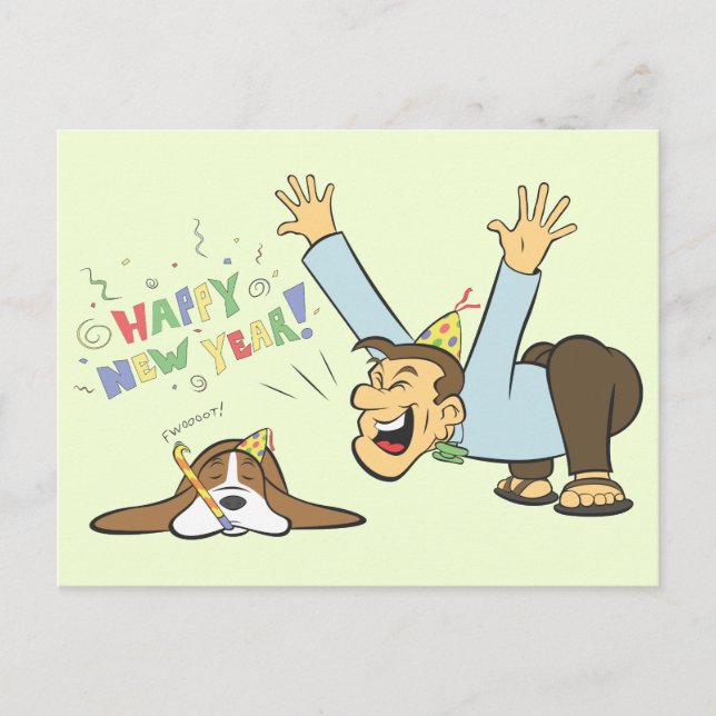 Funny Basset and Man Celebrate New Years Cartoon Postcard (Front)