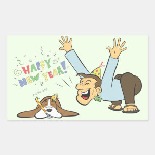 Funny Basset and Man Celebrate New Years Cartoon Rectangular Sticker