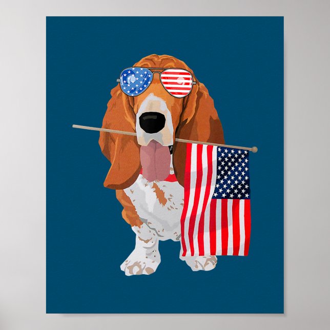 Funny Basset Hound American Flag Dog 4th Of July  Poster (Front)