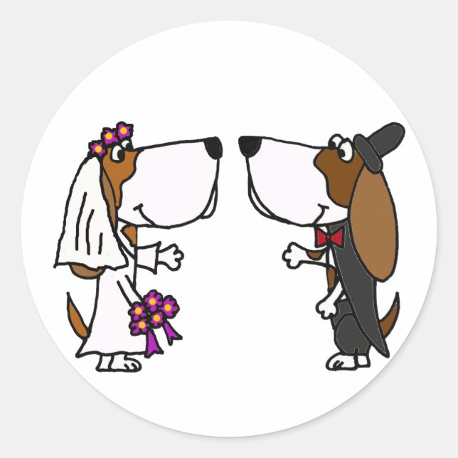 Funny Basset Hound Bride and Groom Wedding Art Classic Round Sticker (Front)