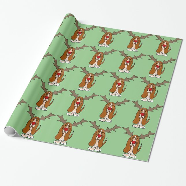 Funny Basset Hound Christmas Reindeer Wrapping Paper (Unrolled)
