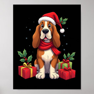 Funny Basset Hound Dog Christmas Outfits Santa Hat Poster