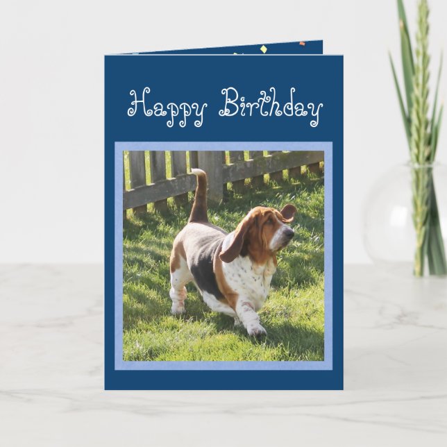 Funny Basset Hound on Cute Birthday Card w/Balloon (Front)