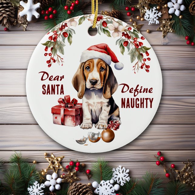 Funny Basset Hound Puppy Define Naughty Christmas Ceramic Tree Decoration (Creator Uploaded)