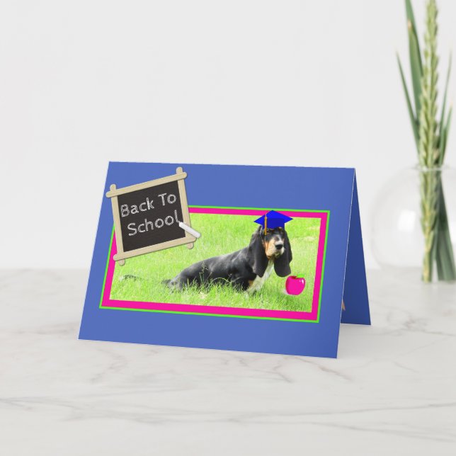 Funny Basset on Back to School Card w/Apple (Front)