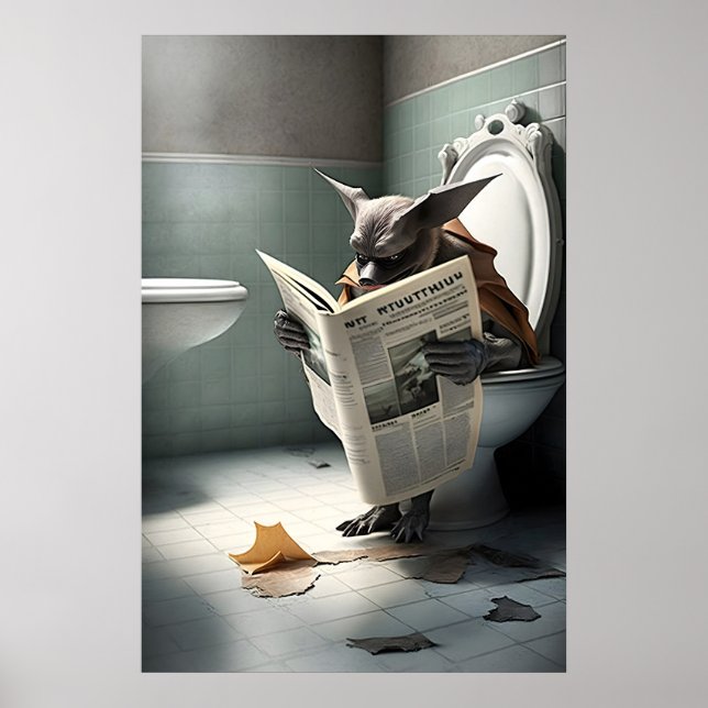 Funny Bat Bathroom Print Reading Newspaper on (Front)