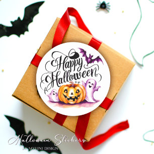 Funny Bat Ghosts and Pumpkin Happy Halloween Classic Round Sticker