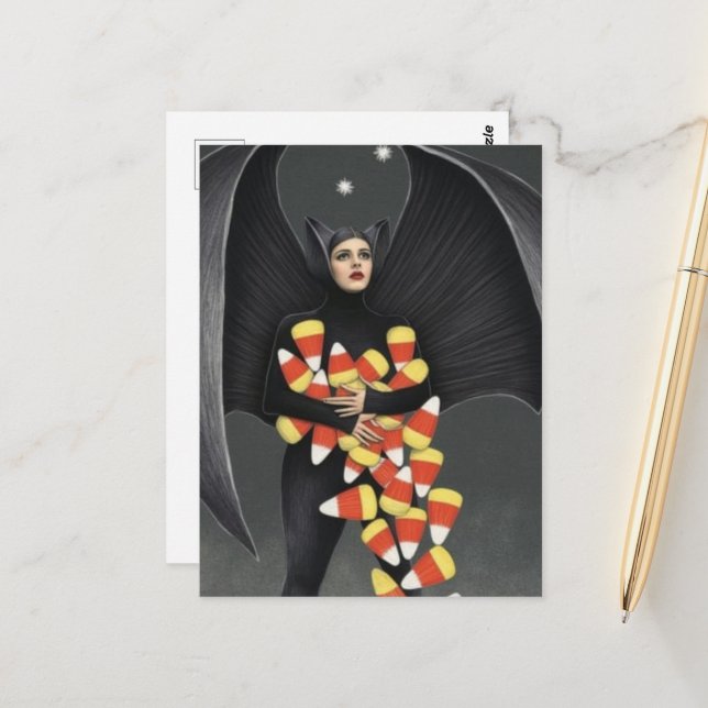 Funny Bat With Halloween Candy Postcard (Front/Back In Situ)
