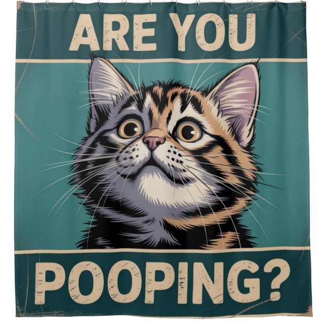 Funny Bathroom - Are You Pooping? Humourous Cat Shower Curtain (Front)
