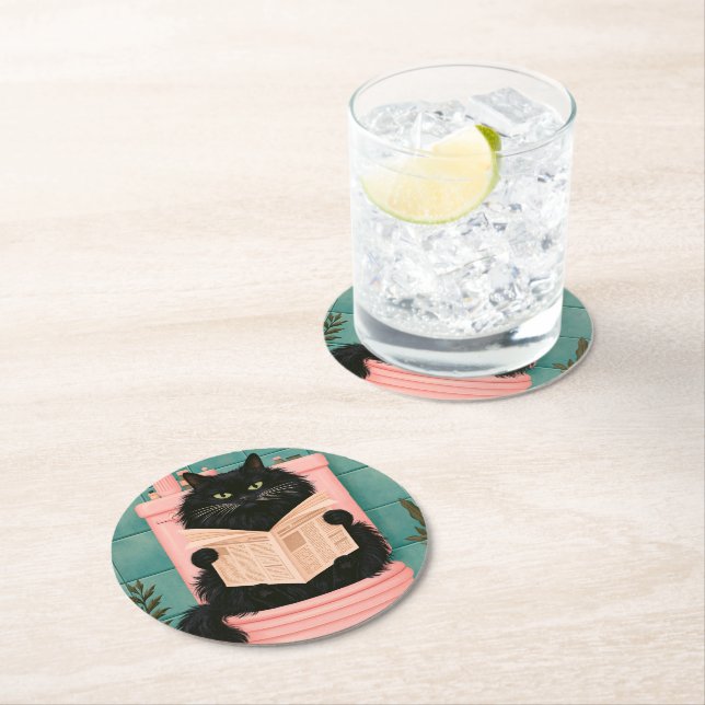 Funny Bathroom Black Cat  Round Paper Coaster (Insitu)