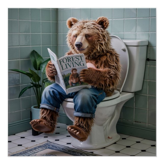 funny bathroom décor quirky bear toilet poster (Front)