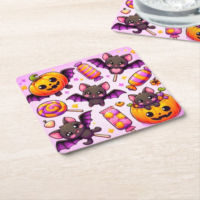 Funny bats candy halloween square paper coaster (Angled)