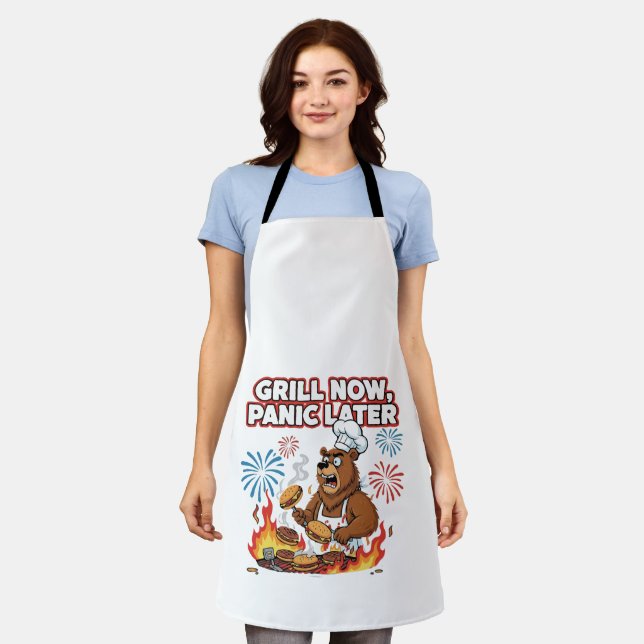 Funny BBQ Bear Grill Now Panic Later Fireworks Apron (Worn)