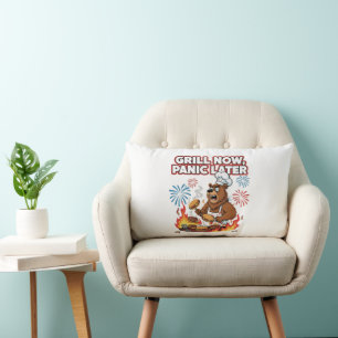 Funny BBQ Bear Grill Now Panic Later Fireworks Lumbar Cushion