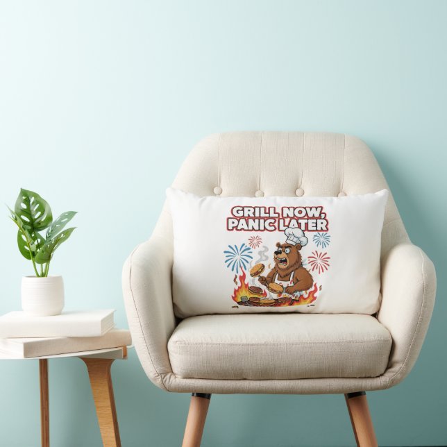 Funny BBQ Bear Grill Now Panic Later Fireworks Lumbar Cushion (Chair)