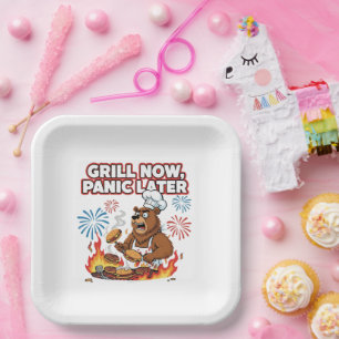 Funny BBQ Bear Grill Now Panic Later Fireworks Paper Plate