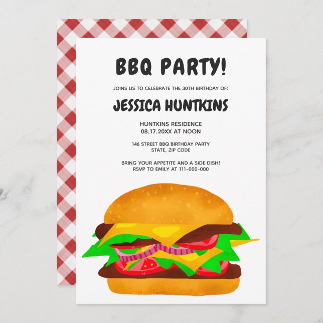 Funny bbq burger 30th birthday party plaid invitation (Front/Back)