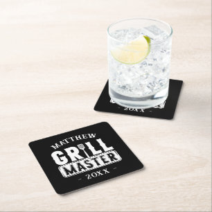 Funny BBQ Grill Master Personalised Barbecue King Square Paper Coaster