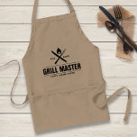 Funny BBQ Grill Master Personalised Barbecue King Standard Apron<br><div class="desc">Your BBQ grill master will love this personalised apron. The design features a criss crossed barbecue fork and knife with a fire flame above. Add your Grill King's name and year established or delete (marriage, house est., etc.) Perfect for your favourite foodie, father's day, family barbecue or reunion or fun...</div>