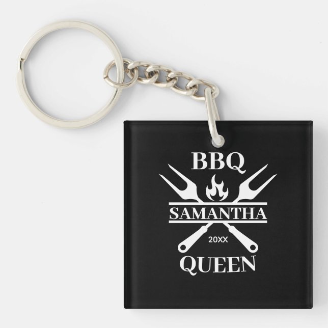 Funny BBQ Personalised Barbecue Queen Button Key Ring (Front)