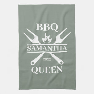 Funny BBQ Personalised Barbecue Queen Kitchen Tea Towel