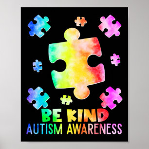 Funny Be Kind Puzzle Pieces Tie Dye Autism Awarene Poster