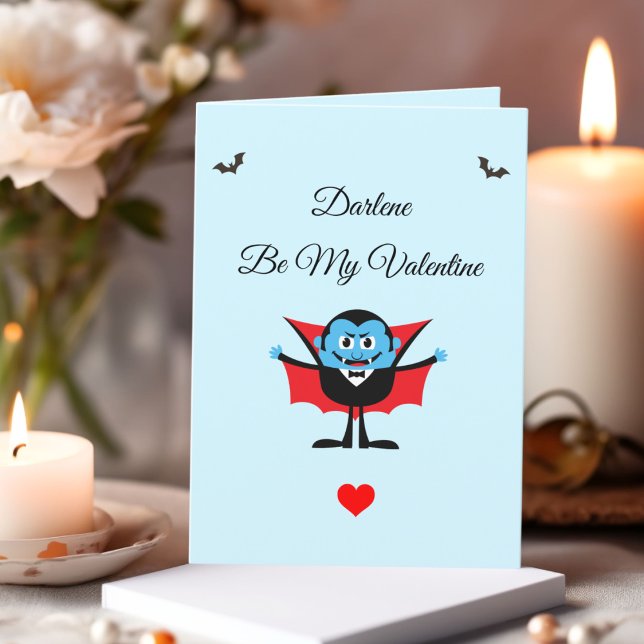 Funny Be My Valentine Cartoon Vampire Bat Name Holiday Card (Creator Uploaded)
