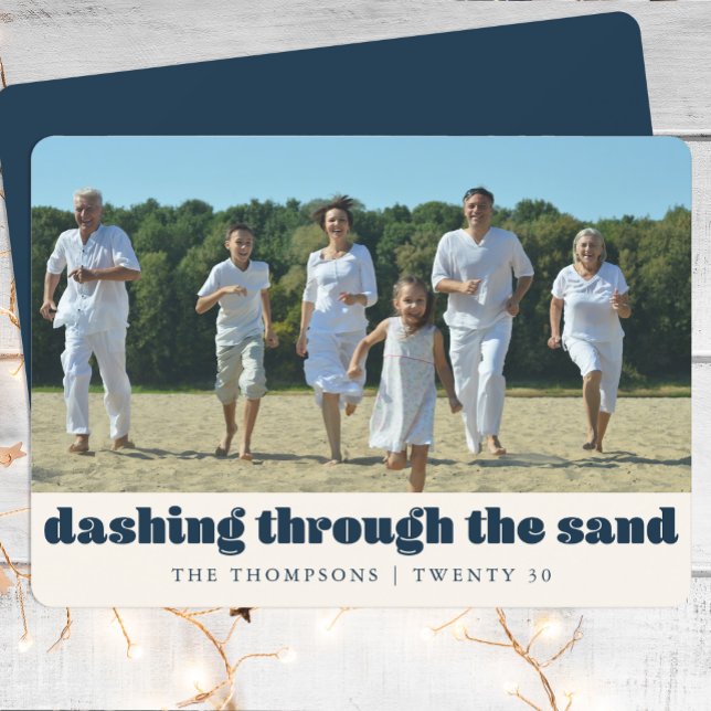 Funny Beach Christmas Custom Family Photo Blue Holiday Card (Creator Uploaded)