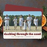 Funny Beach Christmas Customised Family Photo Red Holiday Card<br><div class="desc">Celebrate the holidays with tropical flair and humour using our Funny Beach Christmas Customised Family Photo Red Holiday Card. Perfect for families enjoying a warm coastal Christmas, this card features playful captions like "Seas and Greetings" and "Dashing through the Sand, " adding a fun twist to your beach-themed family photo....</div>