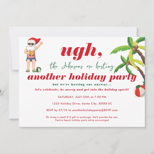 Funny Beach Christmas In July Santa Beer Party Invitation (Front)