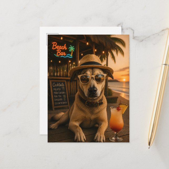 Funny Beach Dog Wall Art Printable Postcard (Front/Back In Situ)