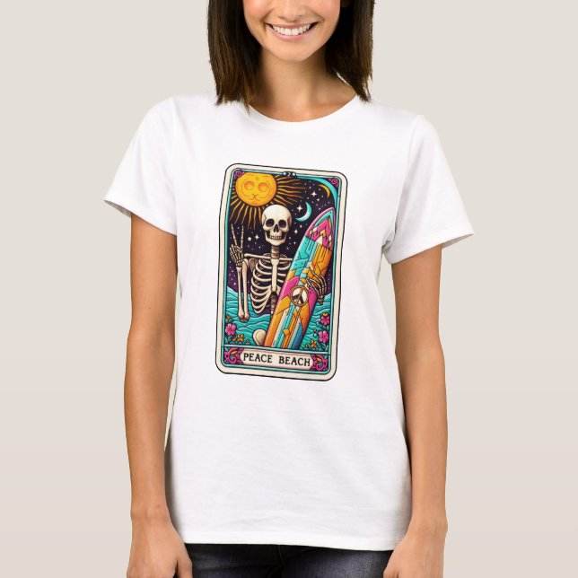 Funny Beach Peace Beach Skeleton Tarot T-Shirt (Front)