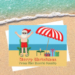 Funny Beach Santa Claus Cute Custom Christmas Holiday Card<br><div class="desc">This cute custom sunny Christmas card makes the perfect postcard for warm weather at the pool or beach. Make it a fun north pole themed extravaganza with Santa Claus in his swimming trunks next to a red and white striped beach umbrella and gifts. I've never seen Mr. Klaus in a...</div>