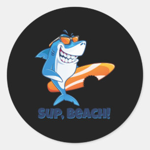 Funny Beach Summer Shark Whats Sup Beach Surfing M Classic Round Sticker