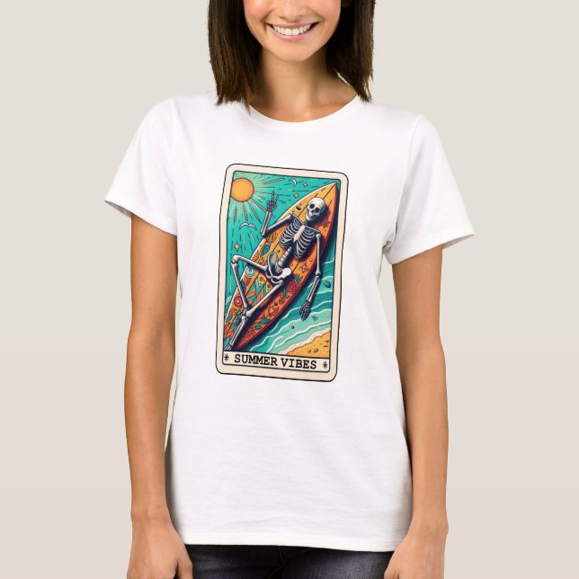Funny Beach Summer Vibes Surfboard Skeleton Tarot T-Shirt (Front)