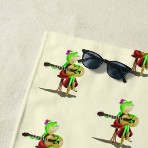Funny Beach Towel with Frog Playing Guitar