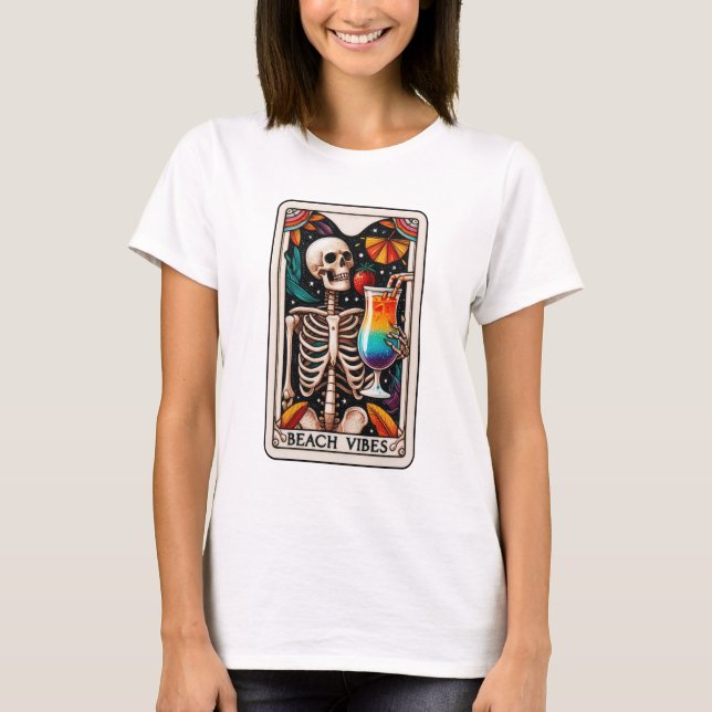 Funny Beach Vibes Skeleton Tarot T-Shirt (Front)